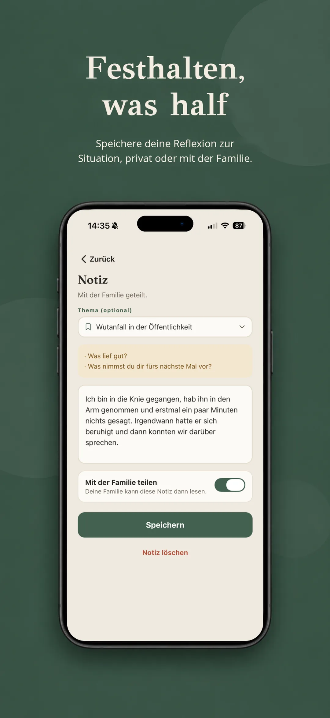 Reflexions-Notiz – privat, optional mit der Familie teilbar